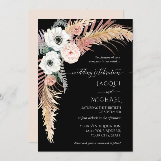 Boho Pampas Grass White Blush Floral Palm Foliage Invitation (Front/Back)