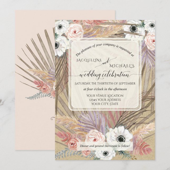 BOHO Pampas Grass White Floral Rustic Neutral Invitation (Front/Back)
