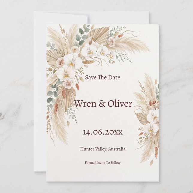 Boho Pampas Grass White Orchid Save the Date Card (Front)
