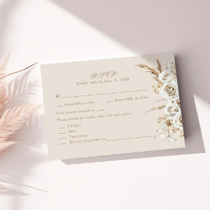 Boho Pampas Grass & White Rose Wedding RSVP Card