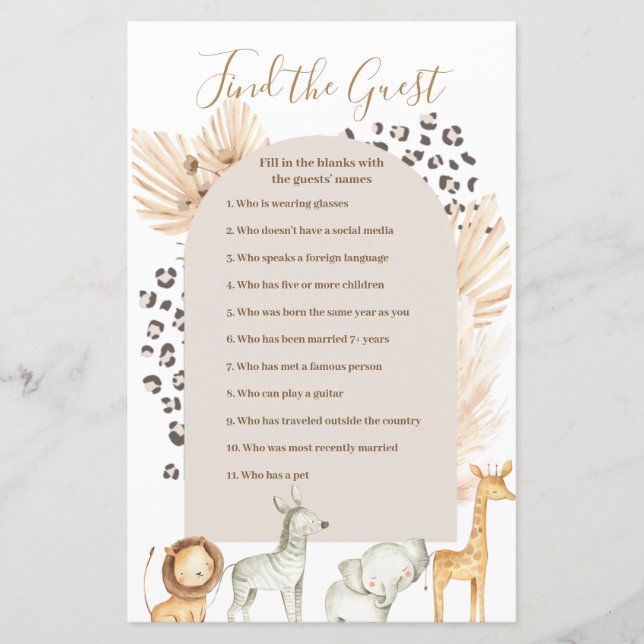 Boho Pampas Grass Wild Animals Find the Guest game (Front)