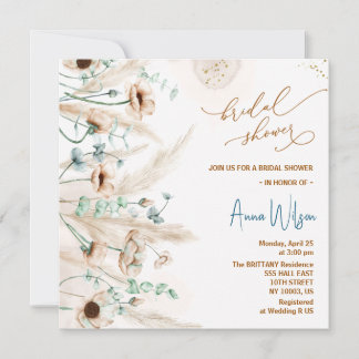 Boho pampas grass Wildflower Bridal Shower Invitation