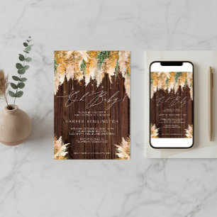 Boho Pampas Grass Wood Twinkle Lights Baby Shower Invitation