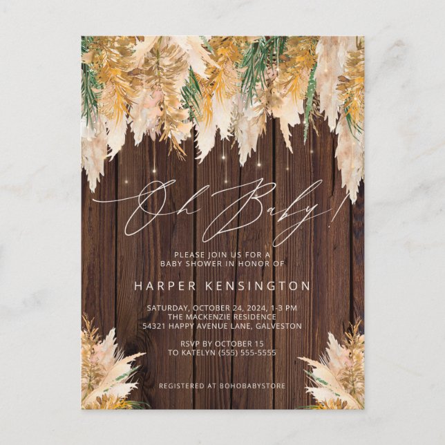 Boho Pampas Grass Wood Twinkle Lights Baby Shower Invitation Postcard (Front)