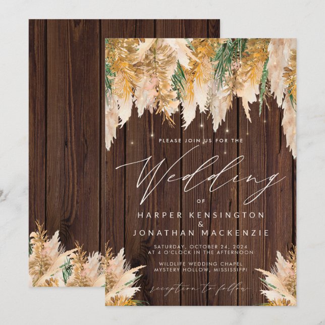 Boho Pampas Grass Wood Twinkle Lights Wedding Invitation (Front/Back)