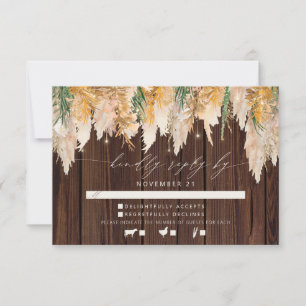 Boho Pampas Grass Wood Twinkle Lights Wedding RSVP Card