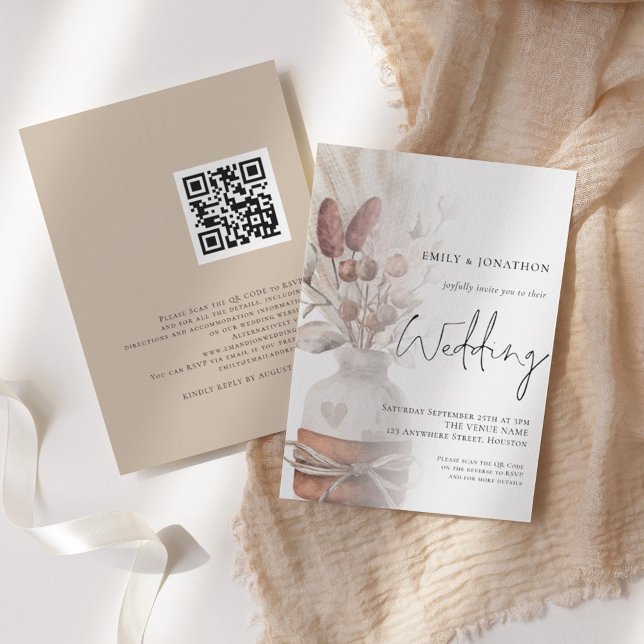 Boho Pampas Grasses Overlay QR Code Wedding Invitation (Creator Uploaded)
