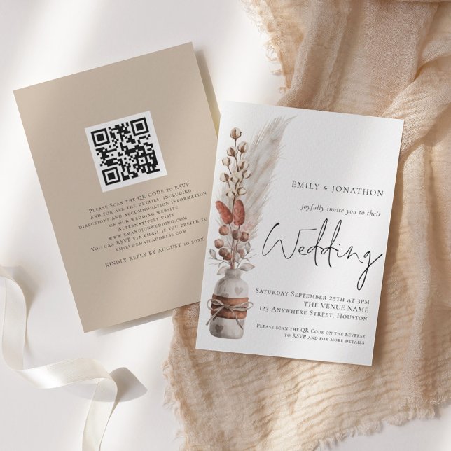 Boho Pampas Grasses QR Code Wedding Invitation (Creator Uploaded)