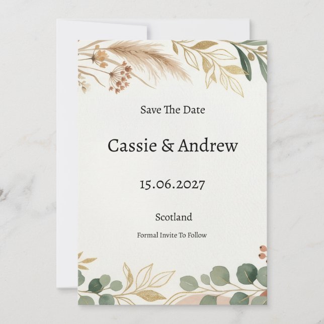 Boho Pampas Greenery Wedding Save The Date (Front)