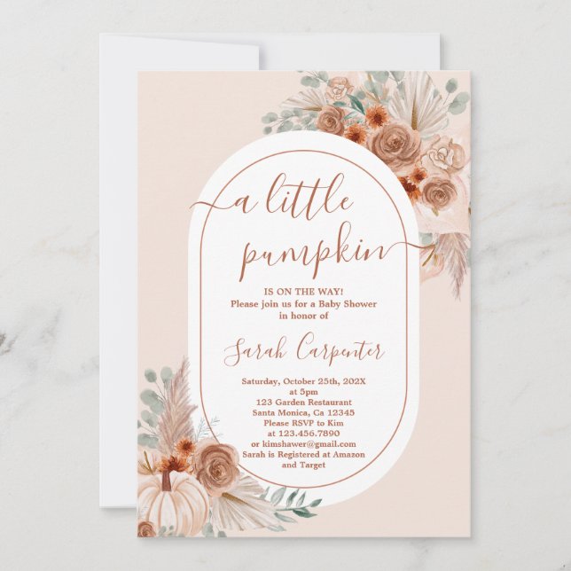Boho Pampas little Pumpkin Baby Shower Girl Invitation (Front)