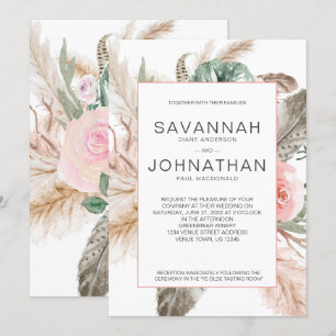 Boho Pampas, Monstera, Tropical Feathers Floral Invitation