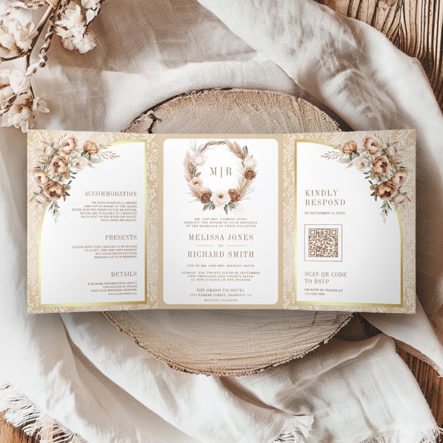 Boho Pampas Neutral Beige Earthy Floral Wedding Tri-Fold Invitation (Creator Uploaded)
