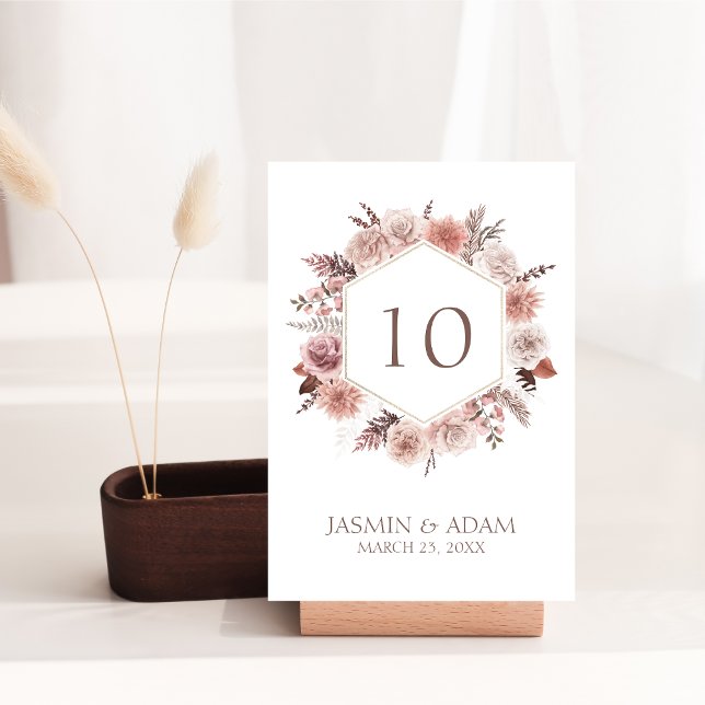 Boho Pampas Neutral Floral Wedding Table Number (Boho Dusty Pink Dried Flowers Wreath Wedding Table Number)