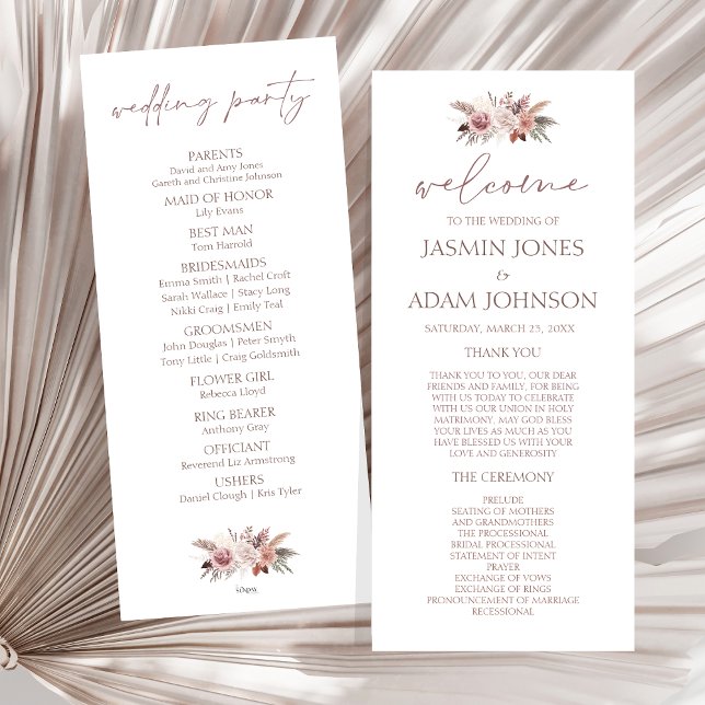 Boho Pampas Neutral Floral Wedding Welcome Program (Boho Dusty Pink Dried Flowers Wedding Program)