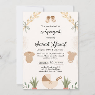 Boho Pampas Neutral Muslim Baby Girl Aqeeqah aqiqa Invitation