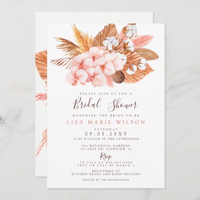 Boho Pampas Orchids Cotton Blush Bridal Shower Invitation (Front/Back)