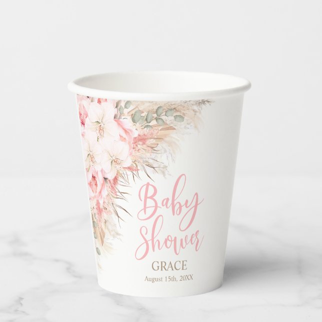 Boho Pampas Orchids Peonies Neutral Baby Shower Paper Cups (Front)