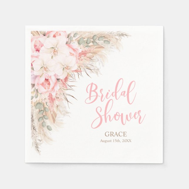 Boho Pampas Orchids Peonies Neutral BRIDAL Shower Napkin (Front)