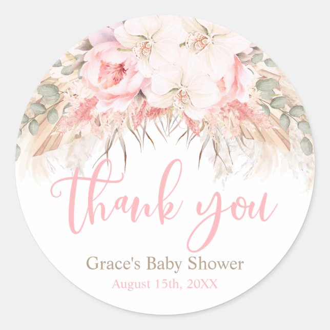 Boho Pampas Orchids Peonies Thank You Baby Shower Classic Round Sticker (Front)