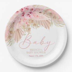 Boho Pampas Orchids Pink Neutral Baby Shower Paper Plate