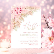 Boho Pampas Orchids Pink Neutral HELLO Baby Shower