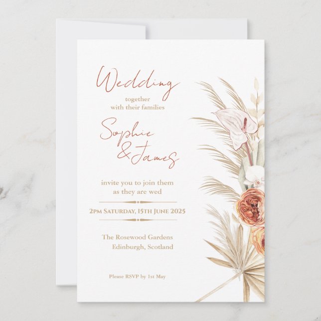 Boho Pampas Peach Rose Tropical Palm Wedding Invitation (Front)