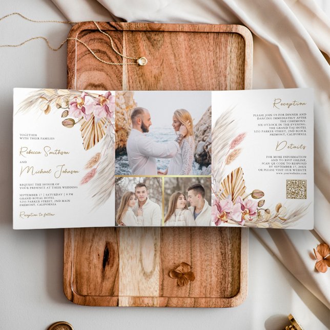Boho Pampas Pink Orchid Floral QR Code Wedding Tri-Fold Invitation (Creator Uploaded)