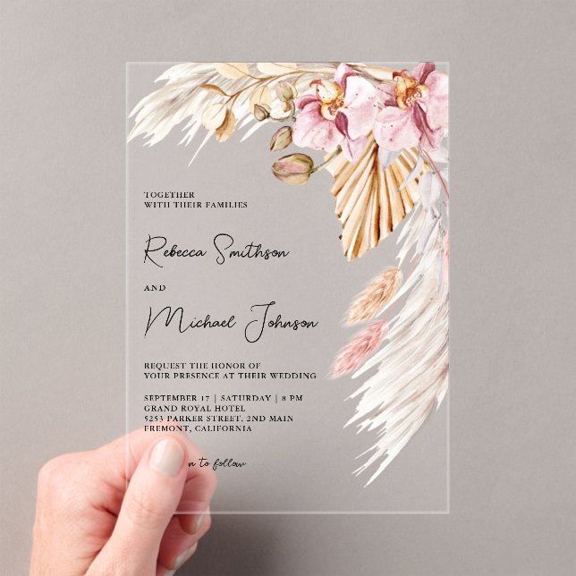 Boho Pampas Pink Orchid Floral Wedding Acrylic Invitations (Insitu (Handheld))