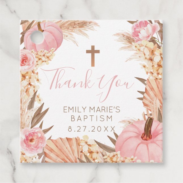 Boho Pampas Pink Pumpkin Baptism Favour tag (Front)