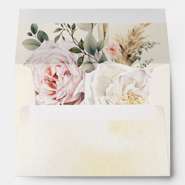 Boho Pampas & Pink Roses Cream Invitation Envelope (Back (Bottom))