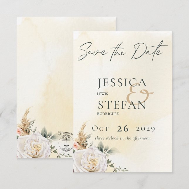 Boho Pampas & Pink Roses Cream Wedding Save The Date (Front/Back)