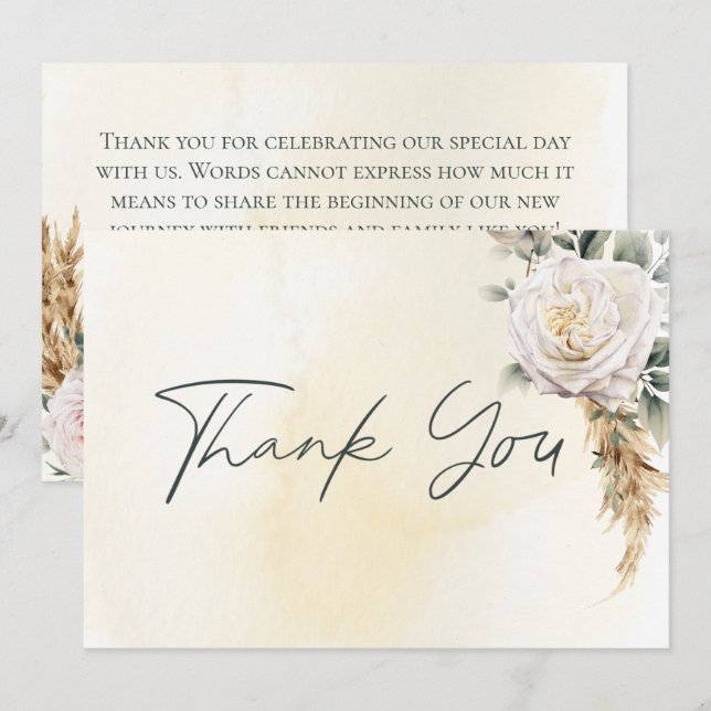 Boho Pampas & Pink Roses Cream Wedding Thank You Card (Front/Back)