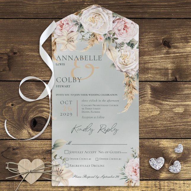 Boho Pampas & Pink Roses Green Dinner All In One Invitation (Creator Uploaded)