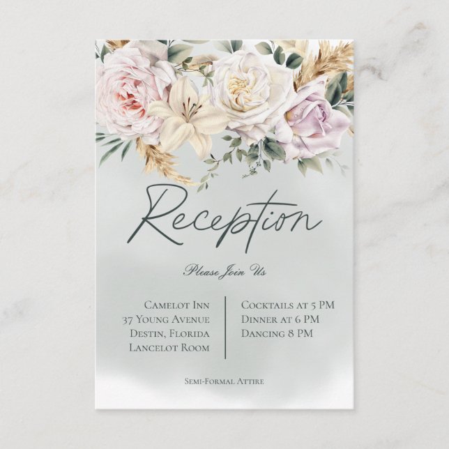 Boho Pampas & Pink Roses Green Reception Wedding Enclosure Card (Front)