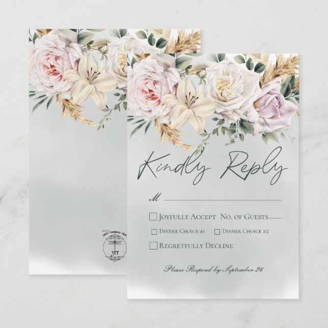Boho Pampas & Pink Roses Green Wedding RSVP Card (Front/Back)