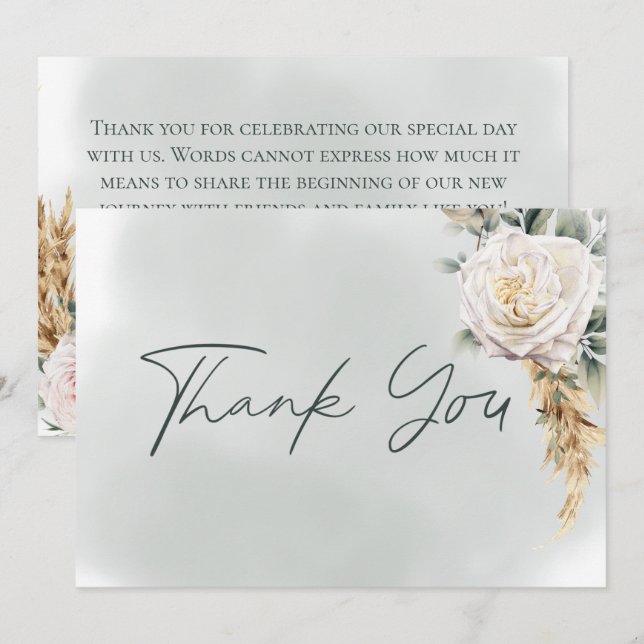 Boho Pampas & Pink Roses Green Wedding Thank You Card (Front/Back)