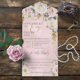 Boho Pampas & Pink Roses Pink Dinner All In One Invitation