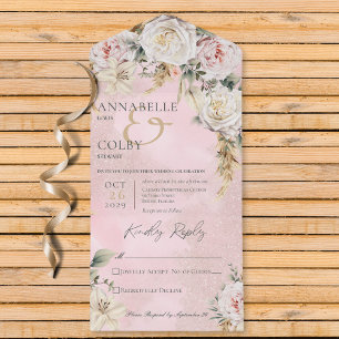 Boho Pampas & Pink Roses Pink No Dinner All In One Invitation