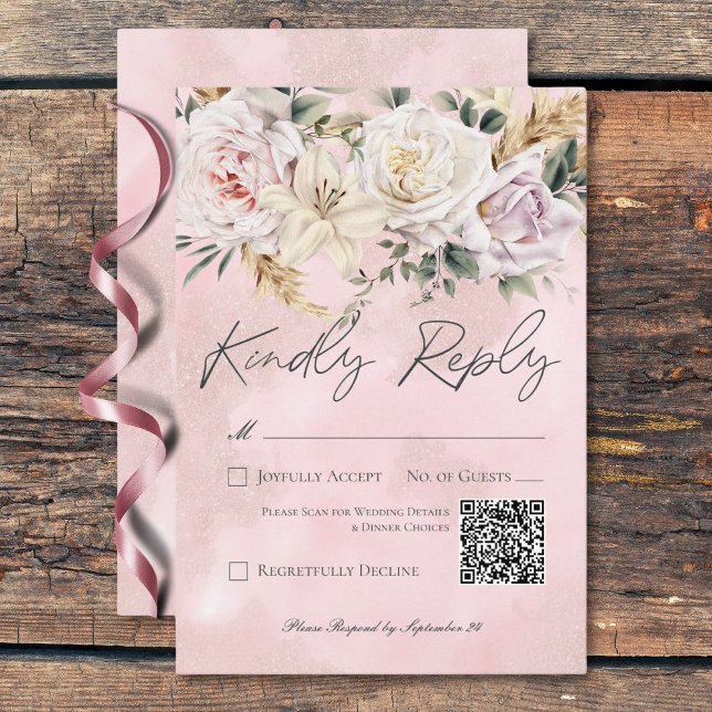 Boho Pampas & Pink Roses Wedding QR Code RSVP Card (Boho Pampas & Pink Roses Wedding QR Code RSVP Card)