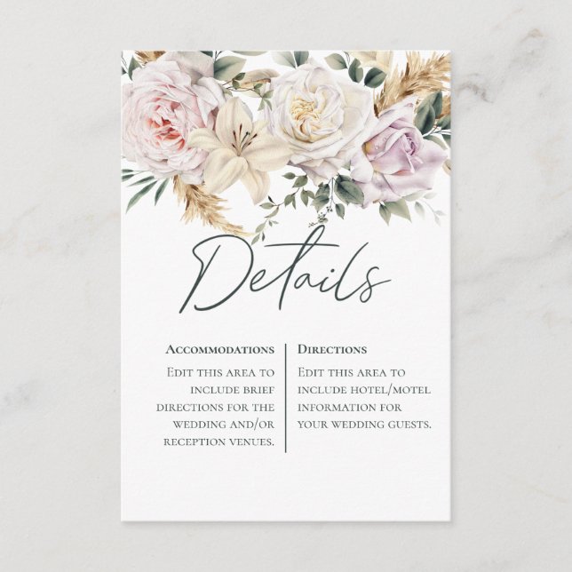 Boho Pampas & Pink Roses White Details Wedding Enclosure Card (Front)