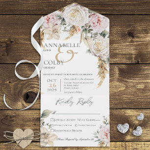Boho Pampas & Pink Roses White Dinner All In One Invitation