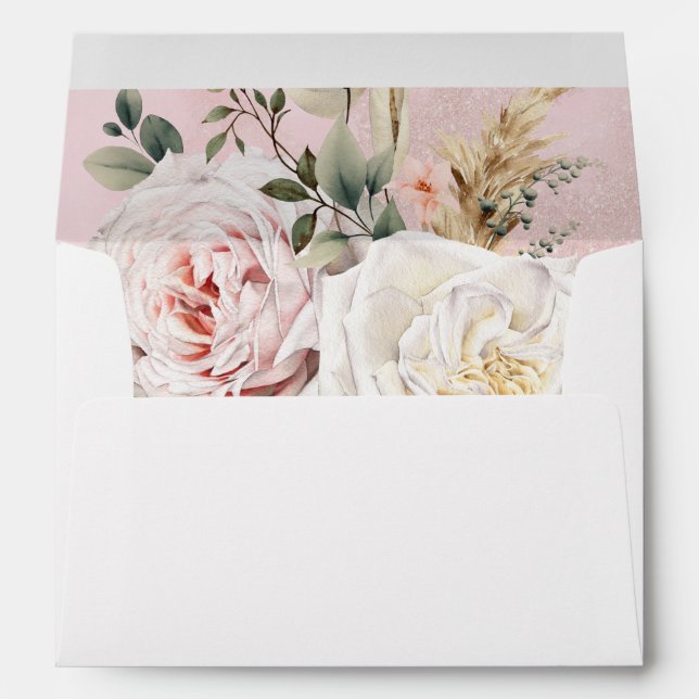 Boho Pampas & Pink Roses White & Pink Wedding Envelope (Back (Bottom))