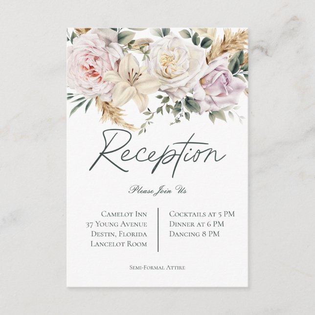 Boho Pampas & Pink Roses White Reception Wedding Enclosure Card (Front)