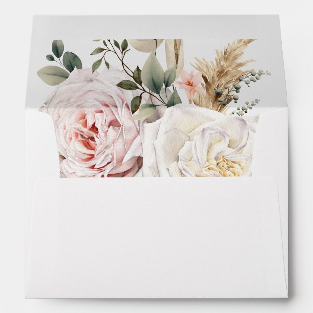 Boho Pampas & Pink Roses White Wedding Envelope (Back (Bottom))