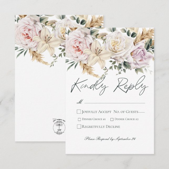 Boho Pampas & Pink Roses White Wedding RSVP Card (Front/Back)