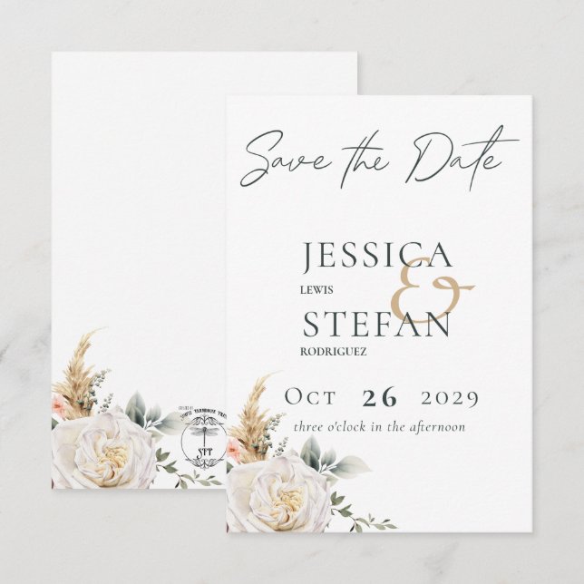 Boho Pampas & Pink Roses White Wedding Save The Date (Front/Back)