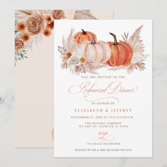 Boho Pampas Pumpkins Fall Rehearsal Dinner Invitation (Front/Back)