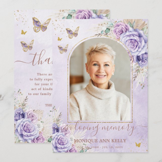 Boho Pampas Purple Floral Photo Funeral Memorial Thank You Card (Front/Back)