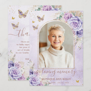 Boho Pampas Purple Floral Photo Funeral Memorial Thank You Card