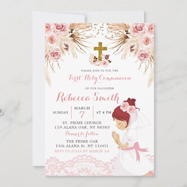 Boho Pampas Red Hair Girl First Communion Invitation (Front)